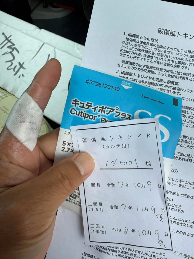 海チェックしようと出かけて、道を塞いでいた竹と戦ったら負けました。
7針縫って破傷風の注射打ってきました。
もうすぐラウドパークだと言うのに。
次からは軍手をして戦うと心に誓った。