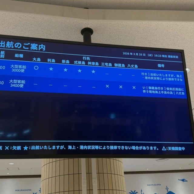 三宅島、御蔵島、八丈島は欠航、
ホントは行けるんじゃないか疑いたくなる。

#三宅島 #橘丸